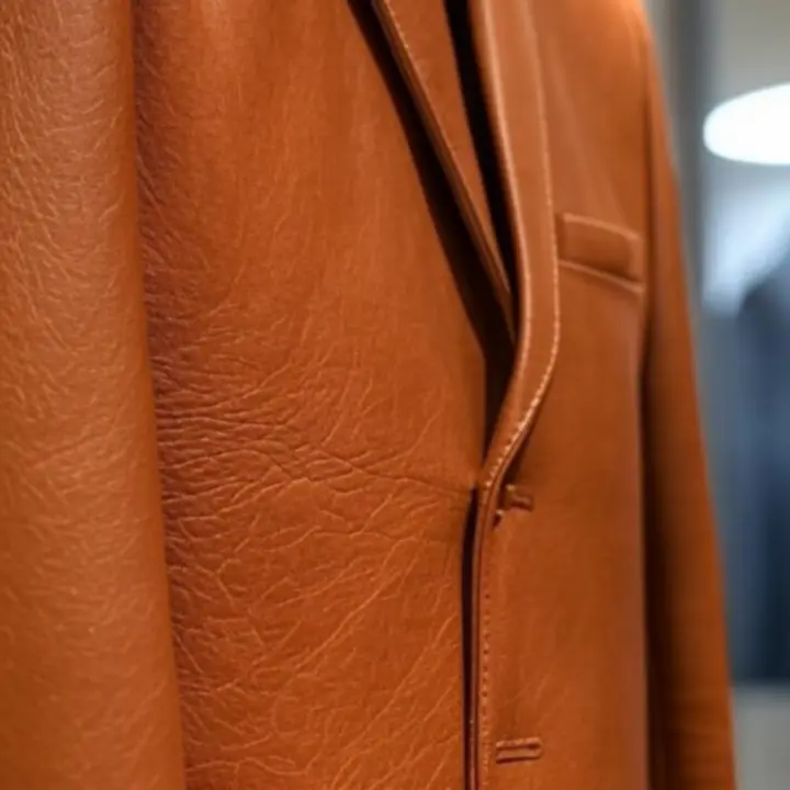 Férfi bőrdzseki anyagának közelképe, finom szemcsés textúrával