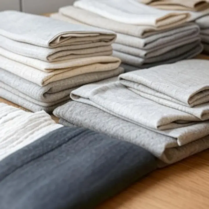 Közelről fotózott pamut, gyapjú és len szövetek természetes, semleges színekben